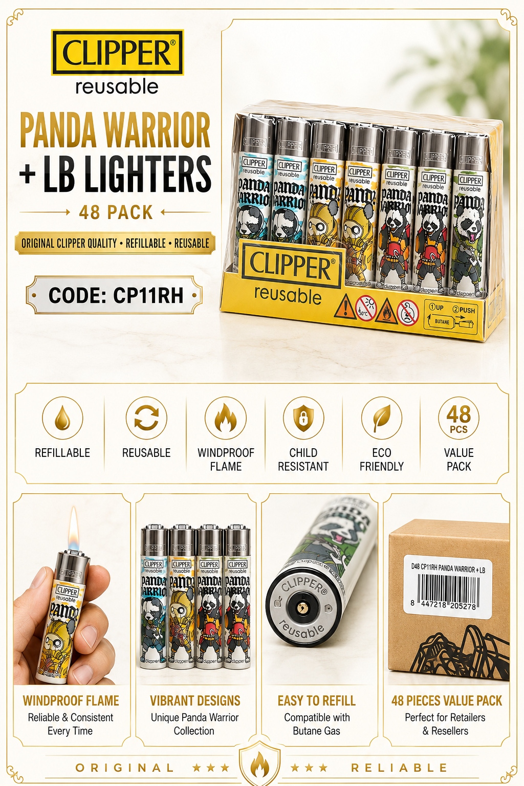 Clipper Reusable - Panda Warrior + LB Lighters