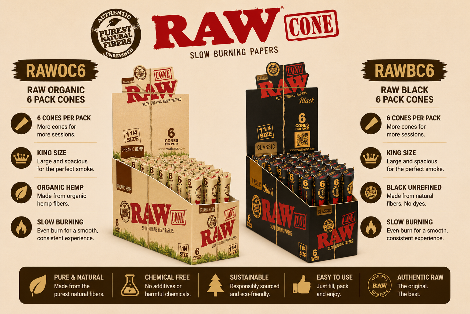 RAW Organic & Black 6 Pack Cones